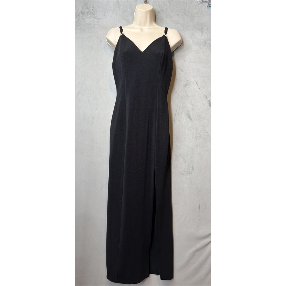 Womens Size 8 Black Maxi Dress V Neck Embellished Straps Formal Evening Gown